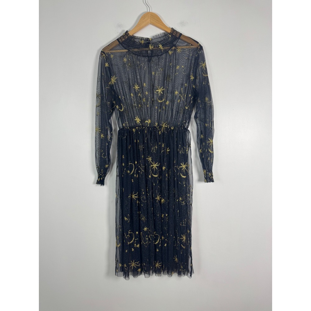 Whimsigoth YOUMU Womens Med Midi Dress Navy Blue Gold Celestial Star Moon Mesh